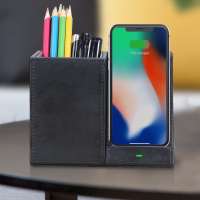 QI Standards Leather Pen Holder Desk Table Wireless Charging Stand For Phone